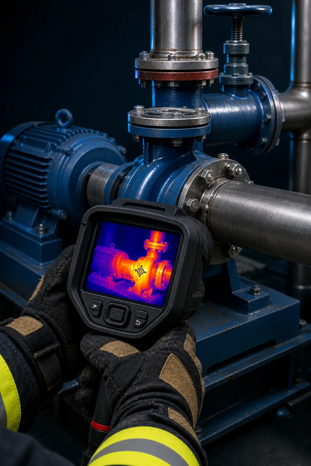Thermal imaging camera scanning an industrial pump and showing its heat signature